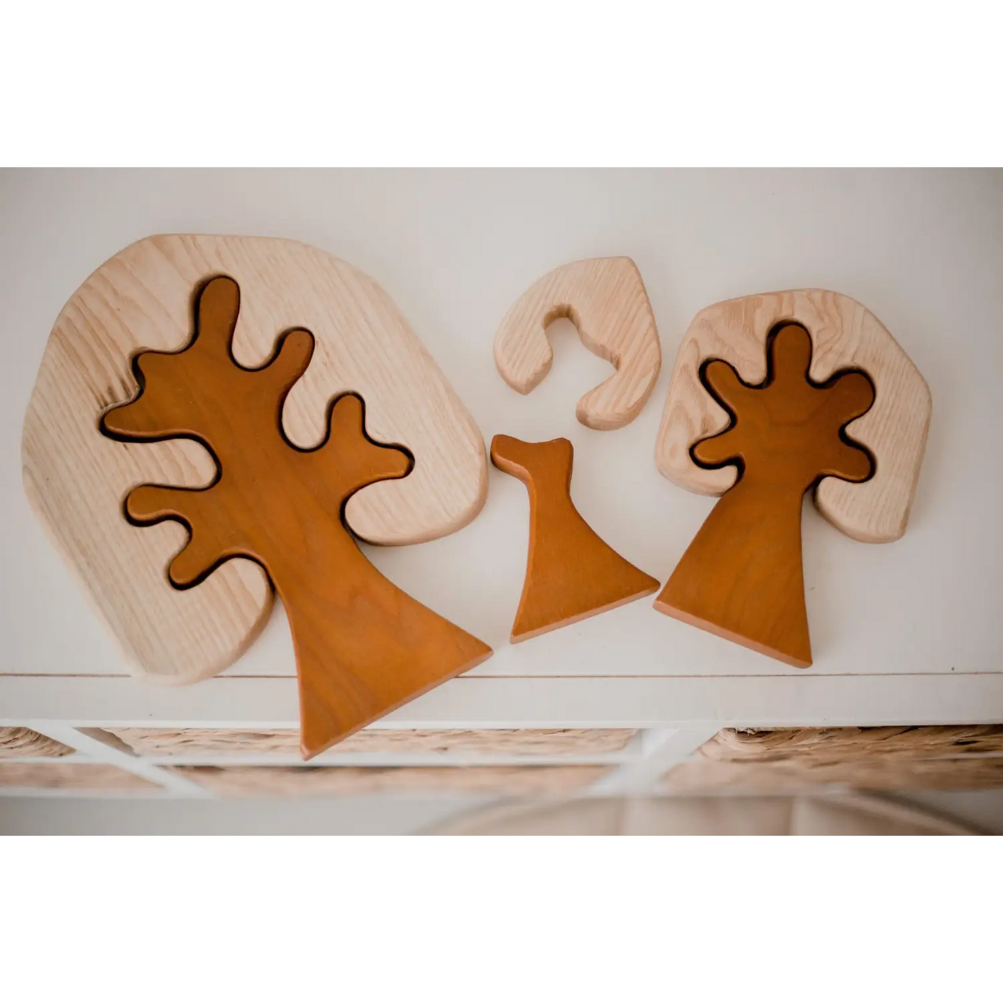 Wooden puzzle pieces shaped like abstract trees or mushrooms.