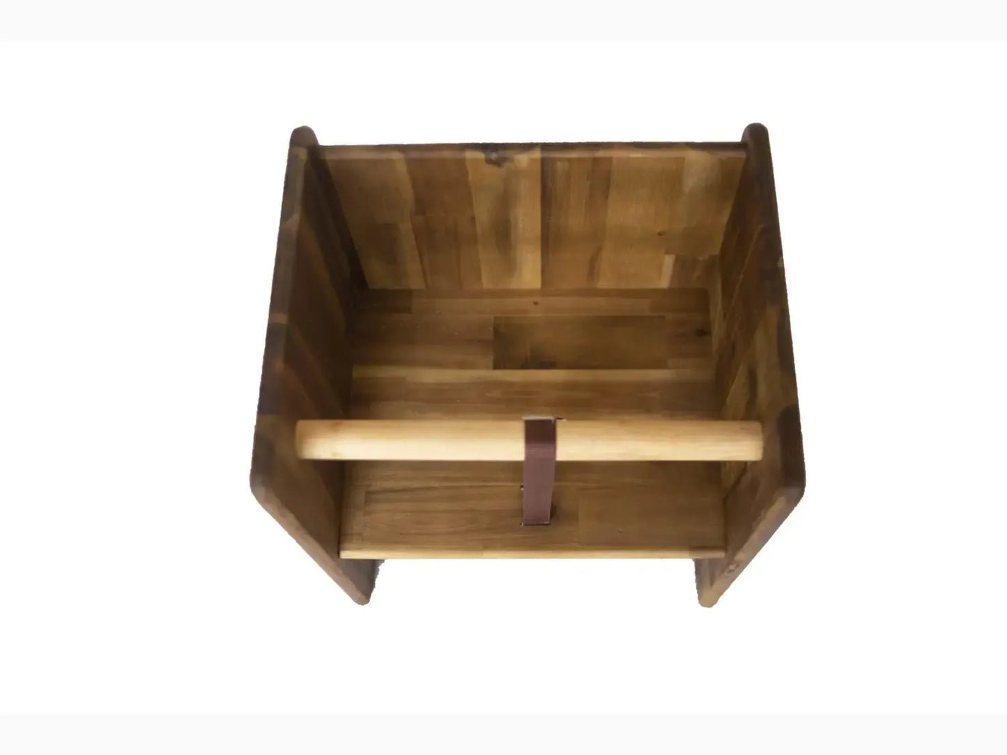 Wooden open-sided box or crate with a horizontal divider.