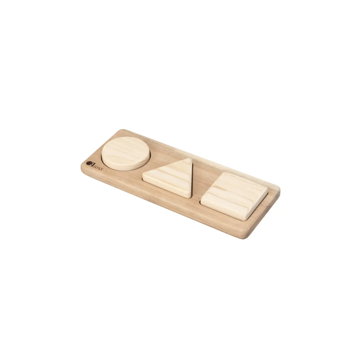 Wooden board with three geometric shapes: a circle, triangle, and square.