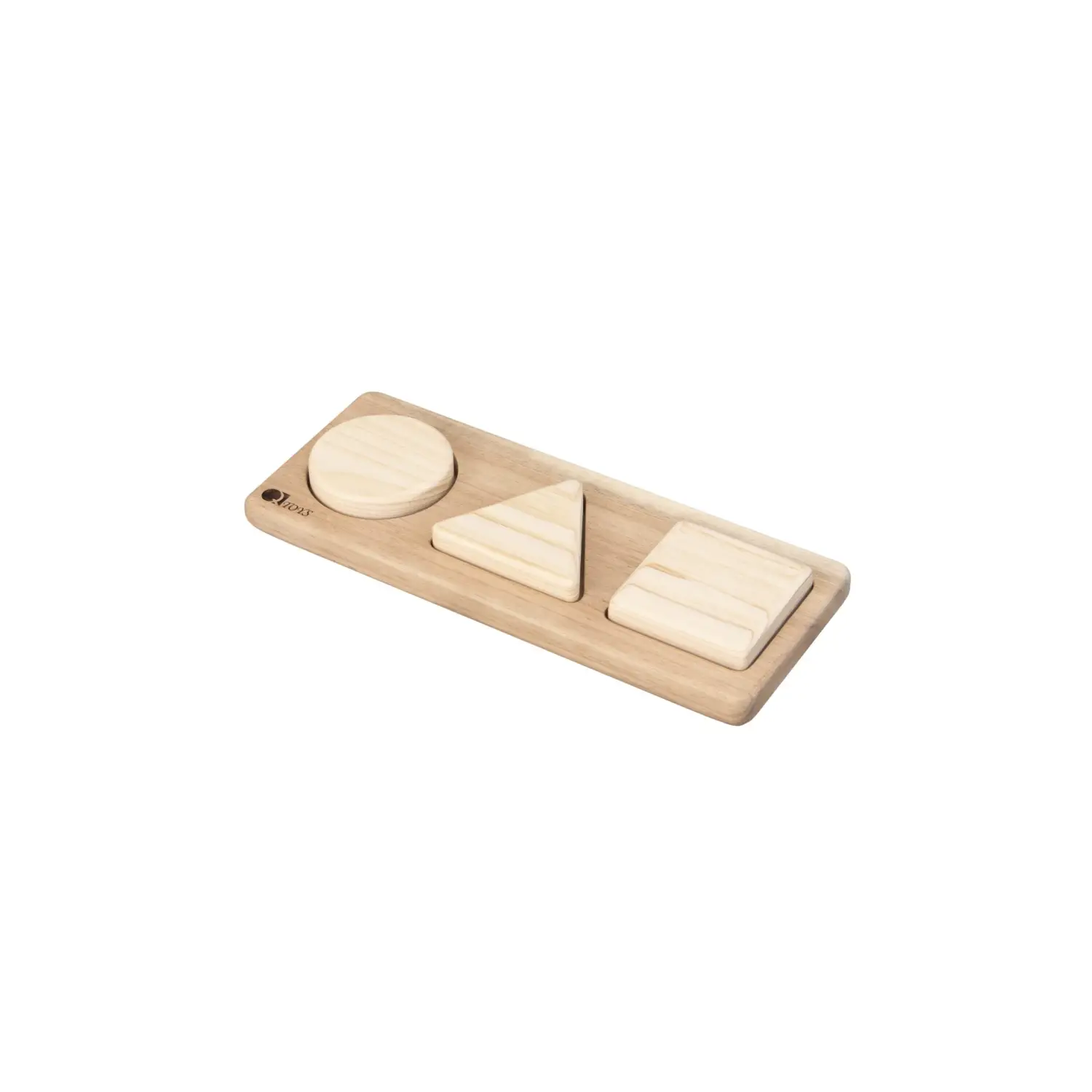 Wooden board with three geometric shapes: a circle, triangle, and square.