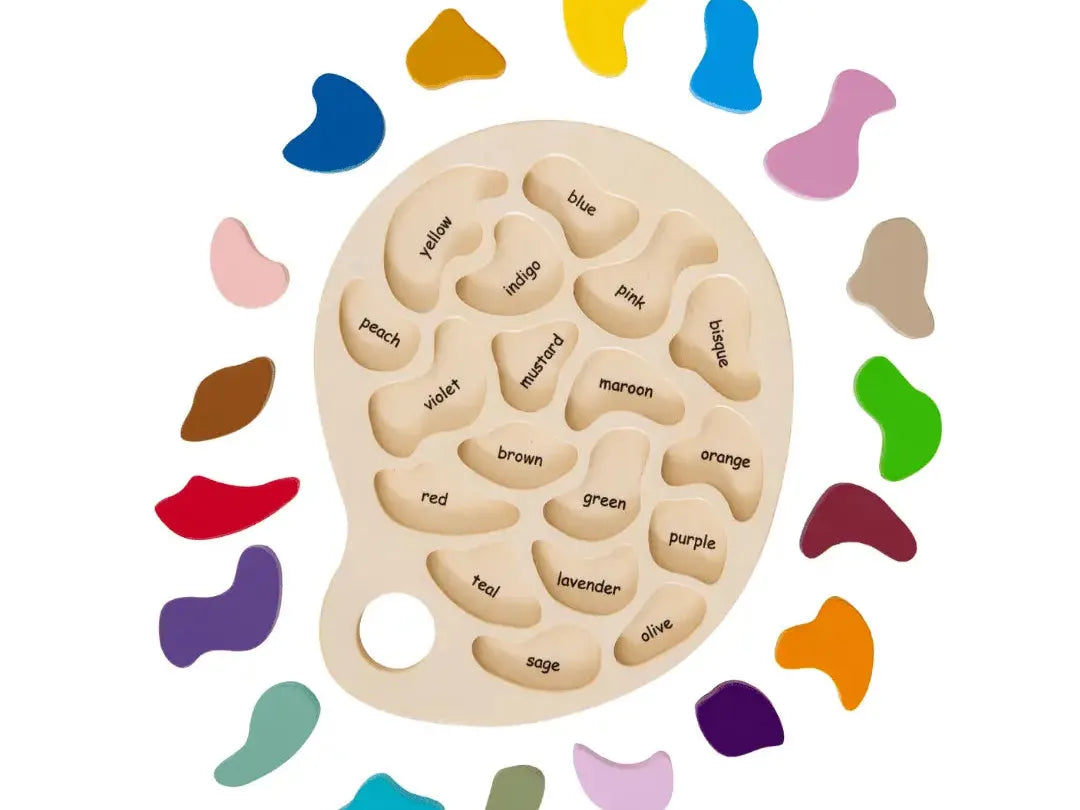 Wooden brain-shaped puzzle with labeled parts surrounded by colorful abstract shapes.