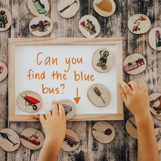 Whiteboard with handwritten text surrounded by circular discs depicting various objects.