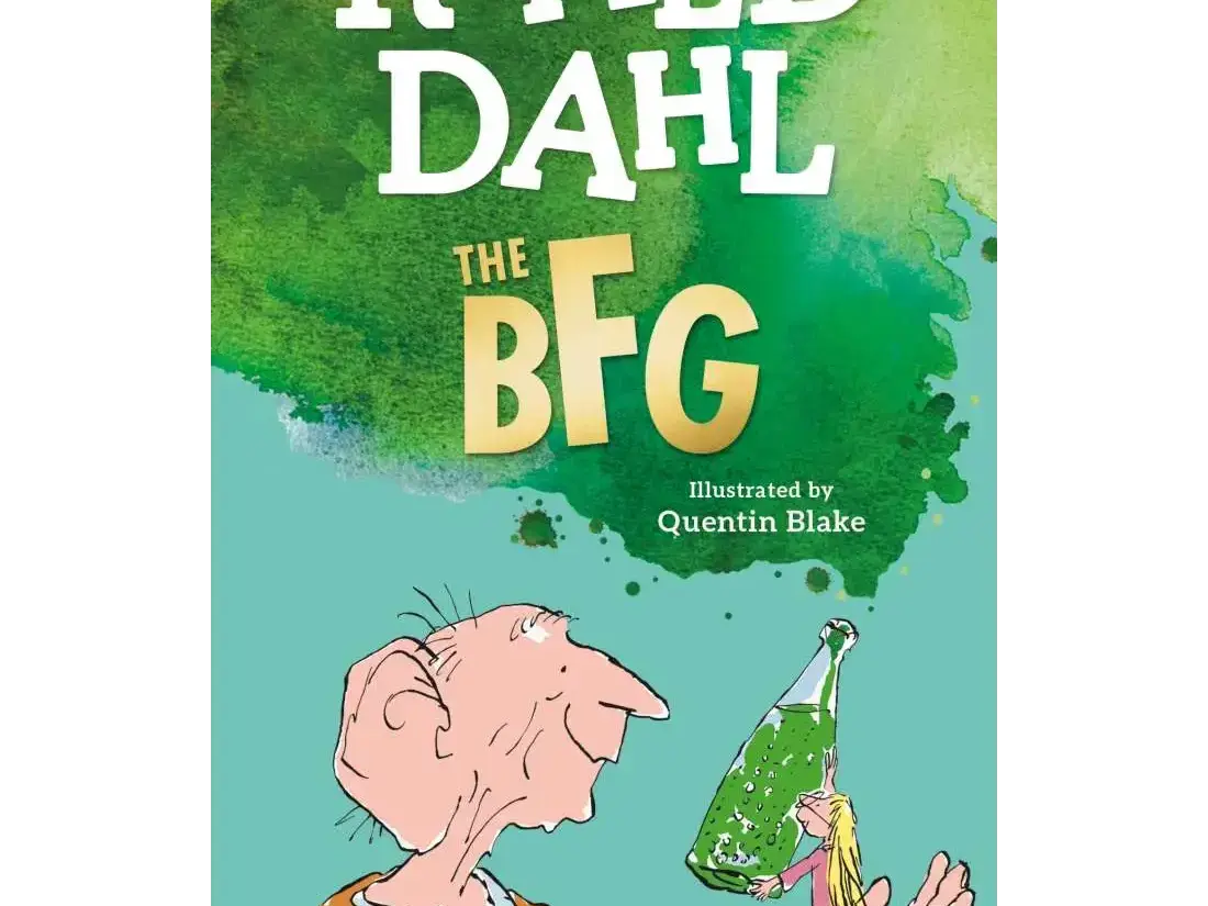Book cover for Roald Dahl’s ’The BFG’ featuring an illustration of a giant holding a small bottle with a tiny person inside.