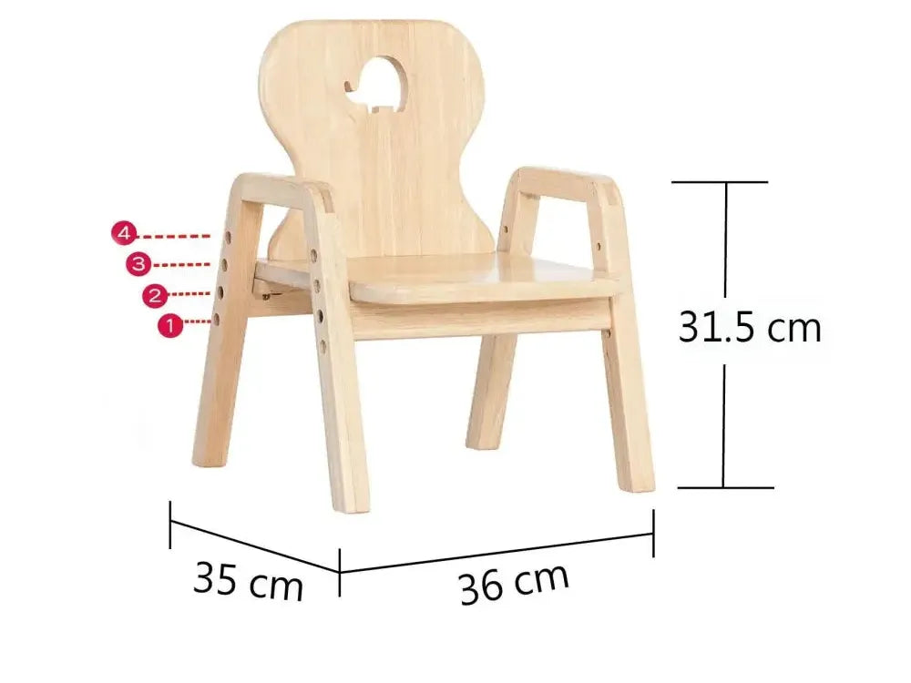 Wooden children’s chair with armrests and a curved backrest featuring a cutout design.