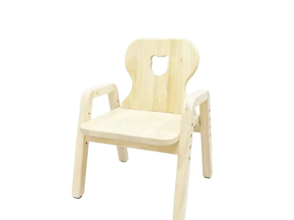 Pale wooden children’s chair with armrests and a curved backrest.