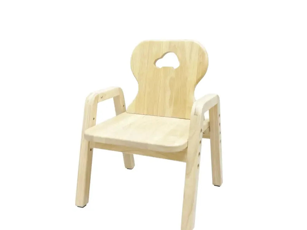 Pale wooden children’s chair with armrests and a curved backrest.