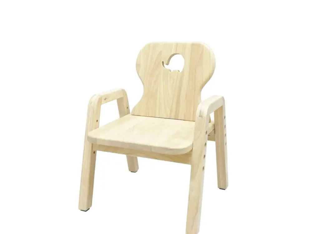 Pale wooden children’s chair with armrests and a heart-shaped cutout in the backrest.