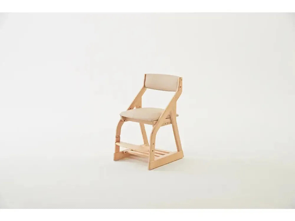 Wooden chair with a beige cushioned seat and backrest.