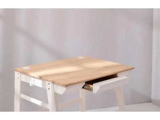 Wooden desk or table with a white base and a pull-out drawer.