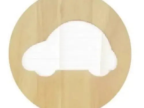 Simple white silhouette of a car on a circular beige background.