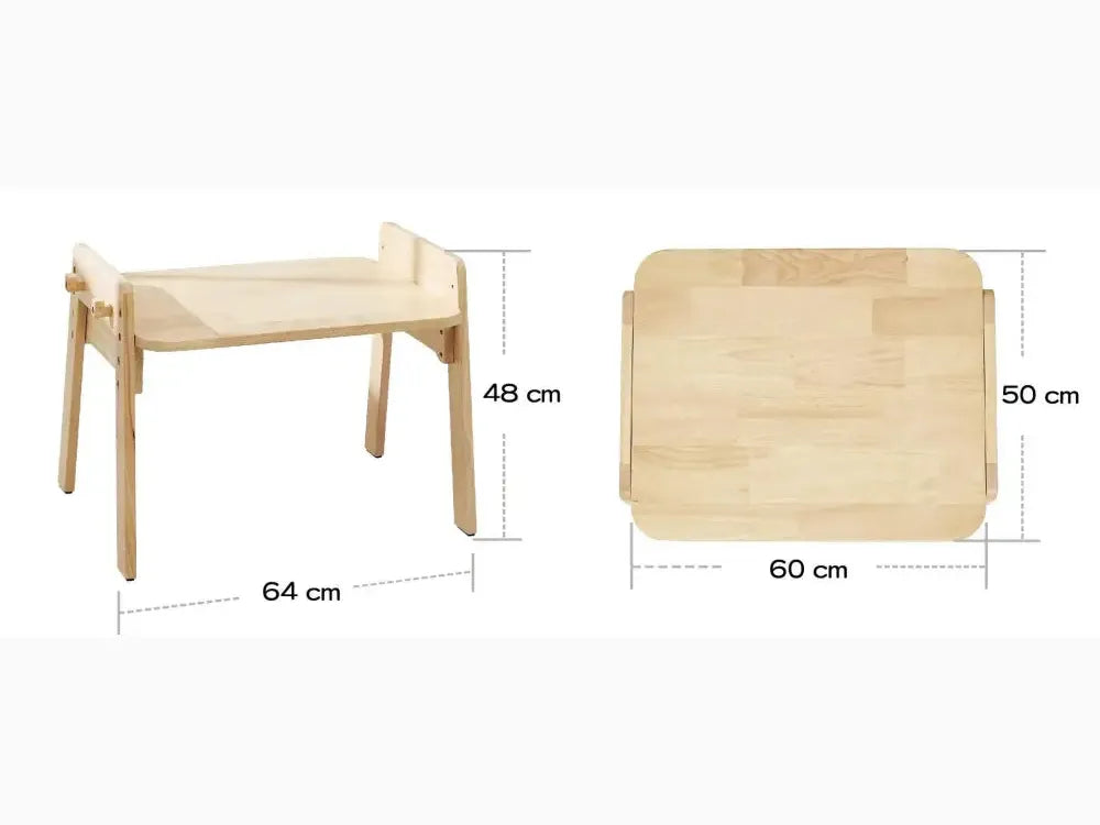 Wooden bench or stool with simple, minimalist design and measurements shown.