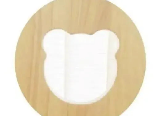 Circular wooden frame with a bear-shaped cutout in the center.