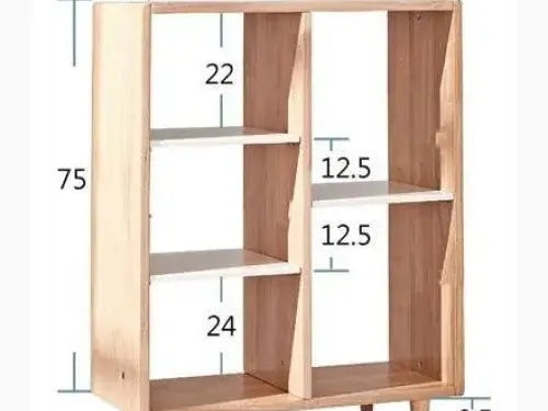 Wooden bookshelf with multiple compartments of varying sizes.