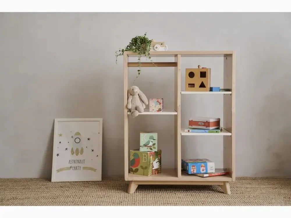 Wooden shelving unit with multiple compartments displaying children’s toys and books.