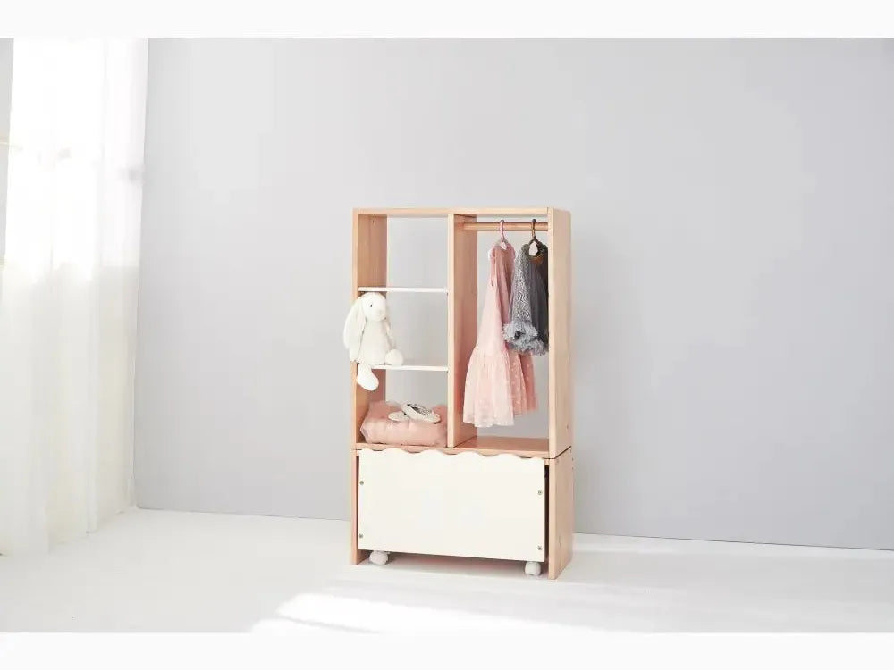 Wooden wardrobe with open shelving and a hanging rod for clothes.