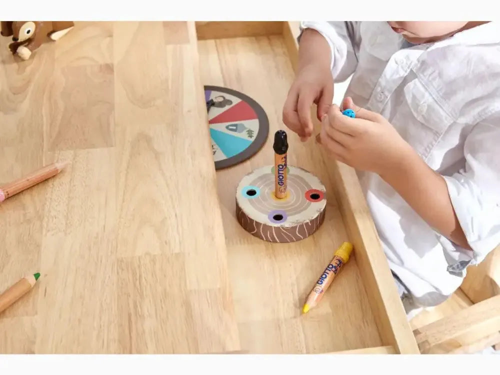 Wooden toy with colorful pegs for inserting into holes.