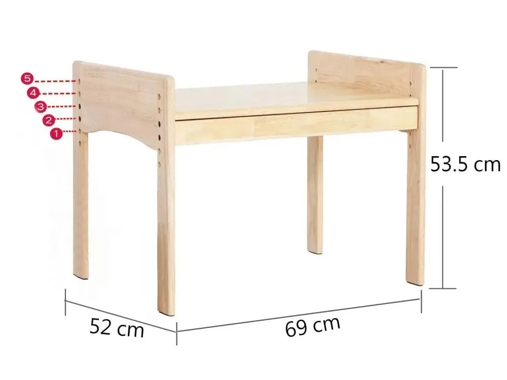 Wooden bench or stool with adjustable height settings indicated by red dots.