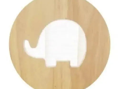 Simple white elephant silhouette on a circular wooden background.