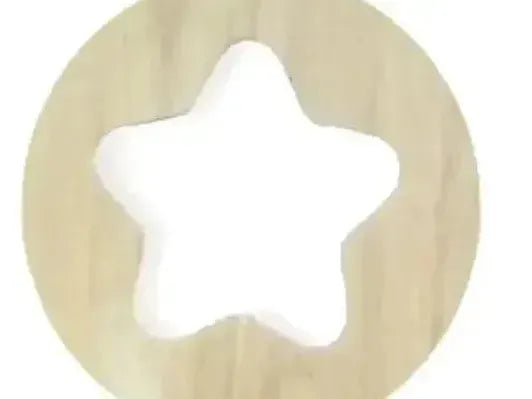 White star-shaped cutout within a circular wooden frame.