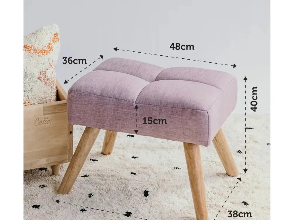 Lavender upholstered footstool with wooden legs and labeled dimensions.