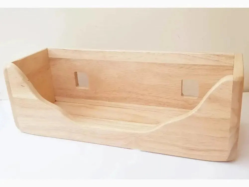 Wooden desk organizer with curved sides and open front.