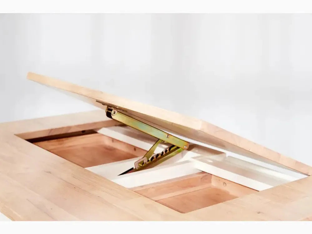 Wooden folding table or desk with a hinged top revealing compartments underneath.