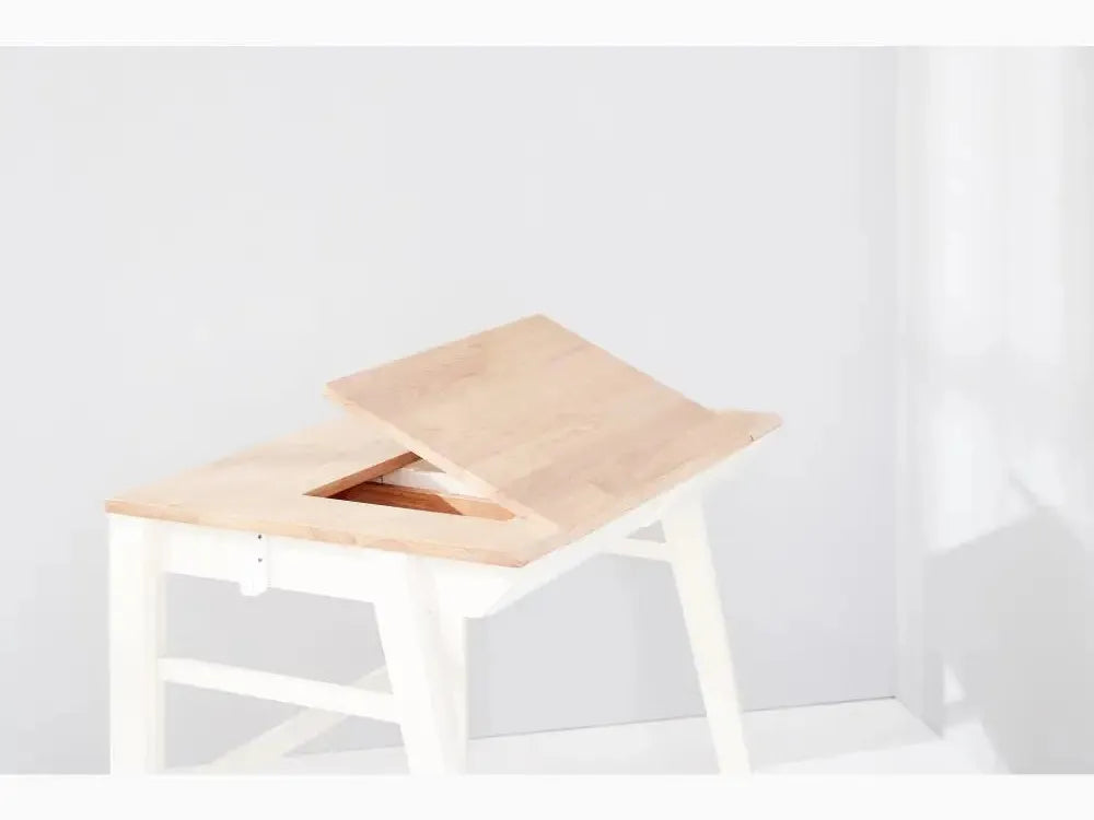 Wooden desk or table with a partially open top revealing a hidden compartment.