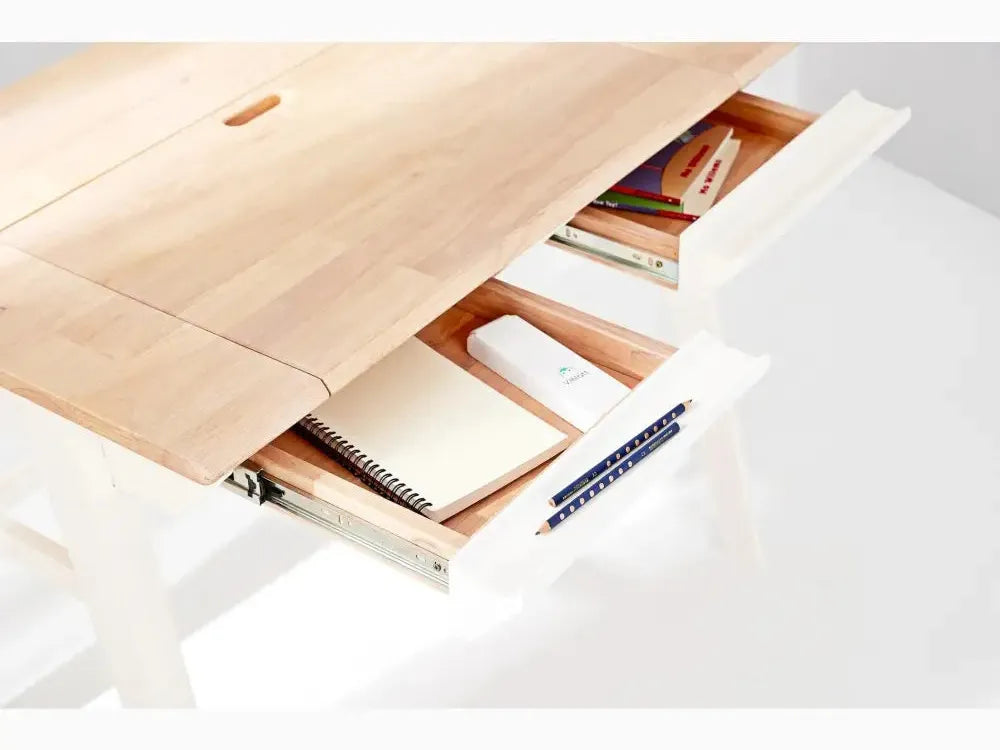 Wooden desk with built-in storage drawers.