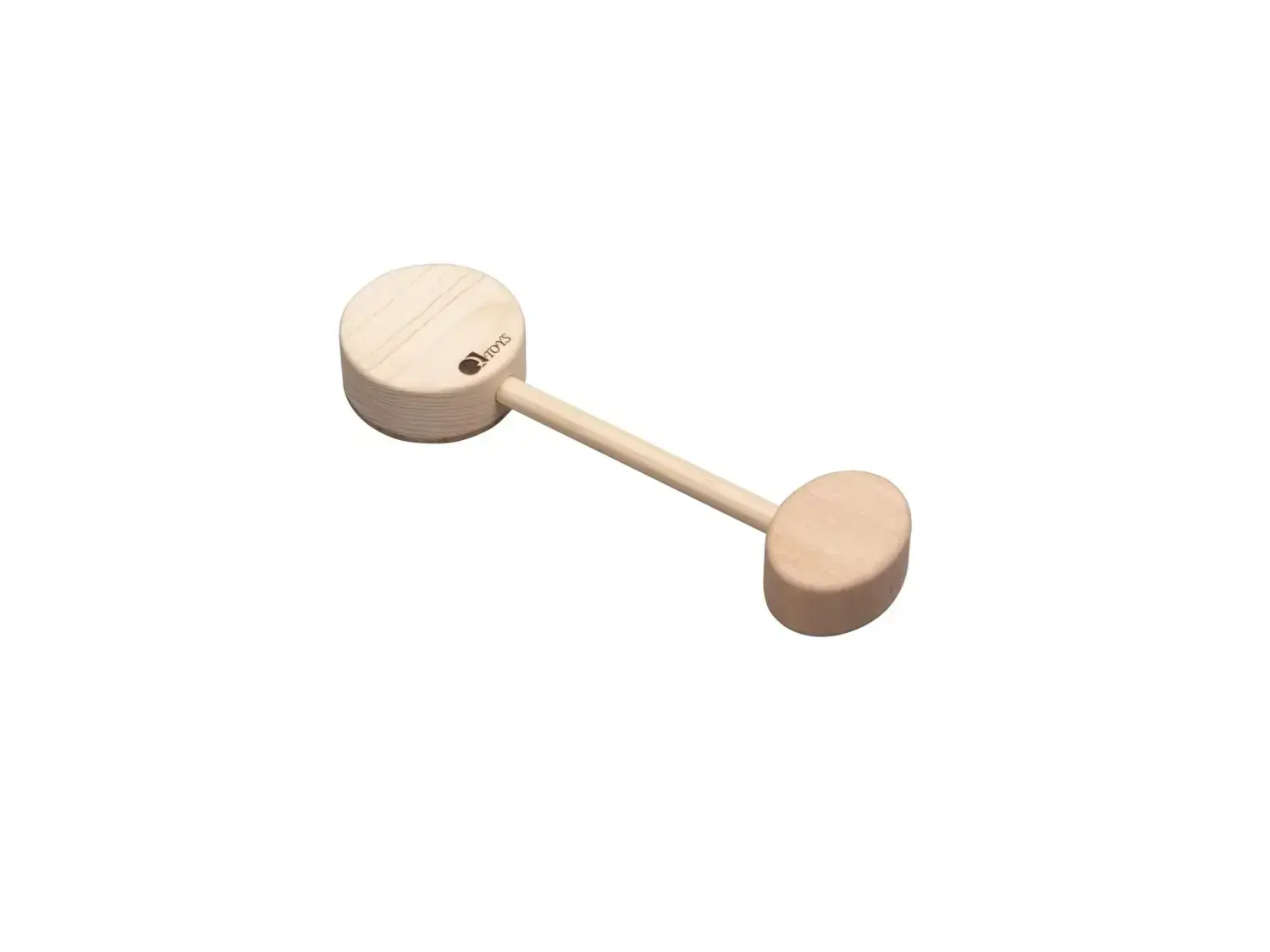 Wooden dumbbell-shaped toy or rattle with two circular ends connected by a narrow handle.