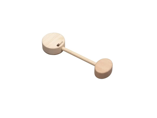 Wooden dumbbell-shaped toy or rattle with two circular ends connected by a narrow handle.