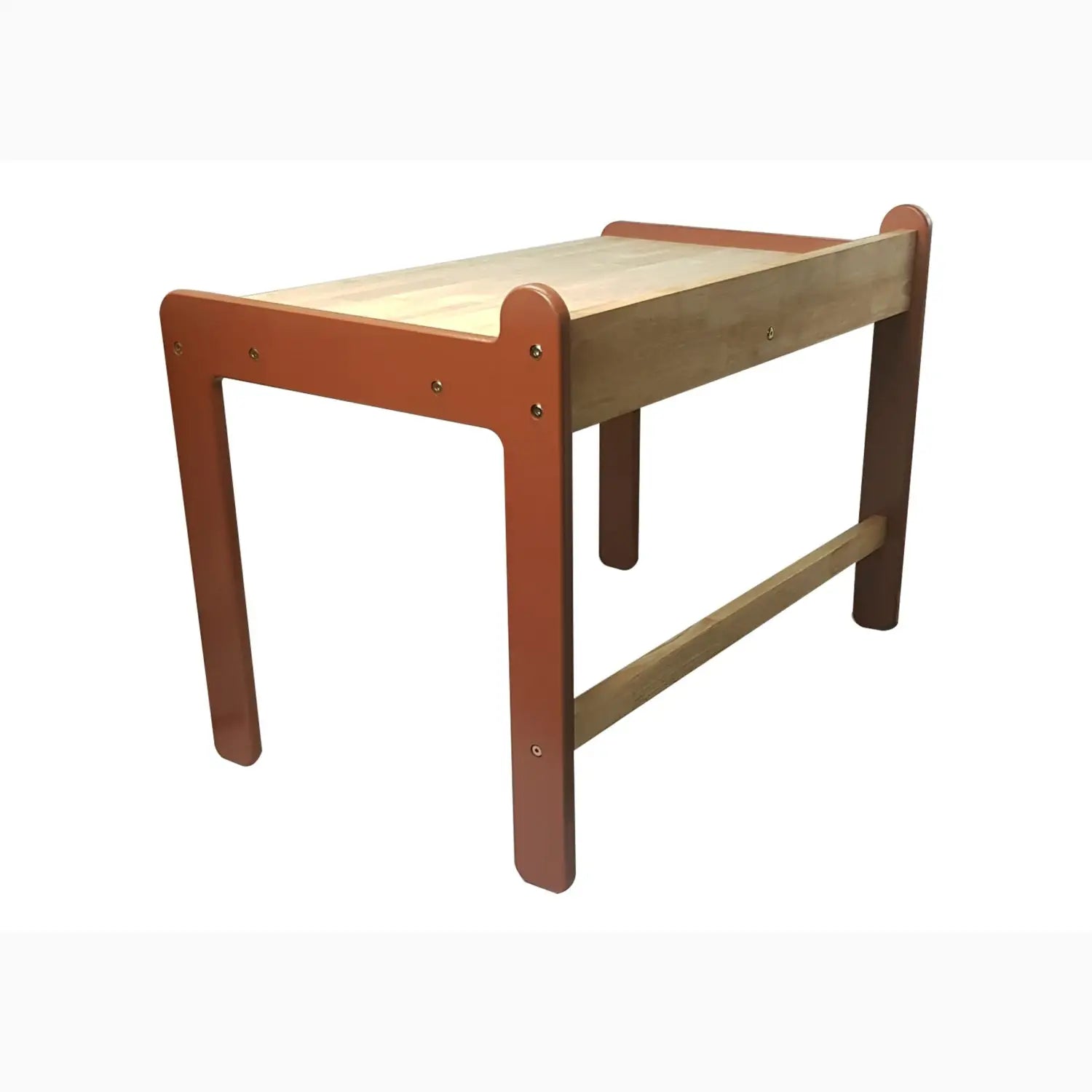 Wooden table with orange frame.