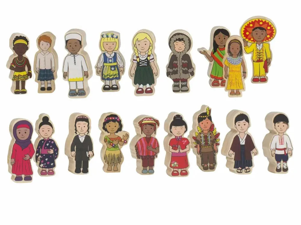 Collection of wooden figurines representing children from diverse cultural backgrounds and traditional attire.