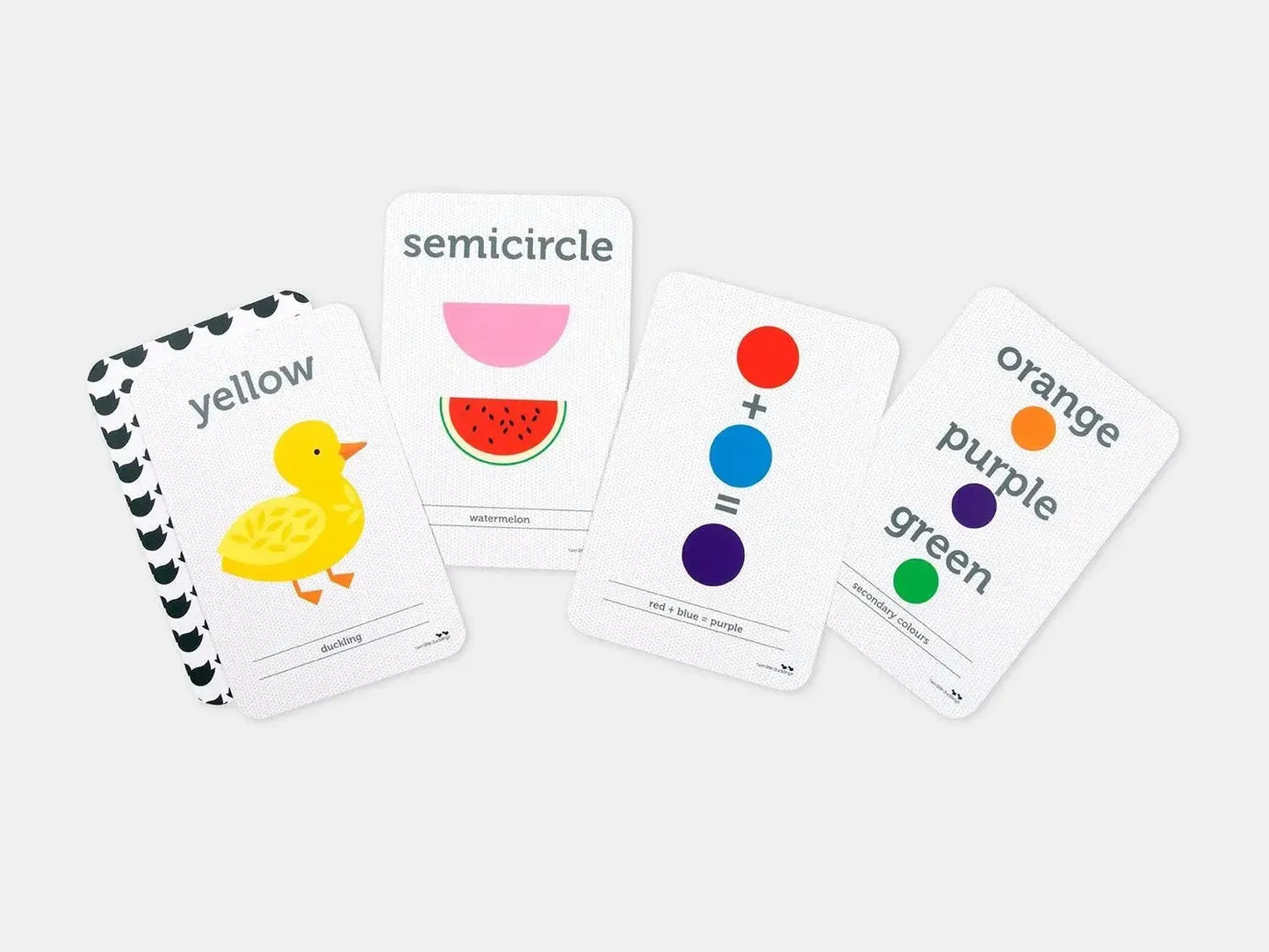 Set of educational flashcards featuring colors, shapes, and a cartoon duck.