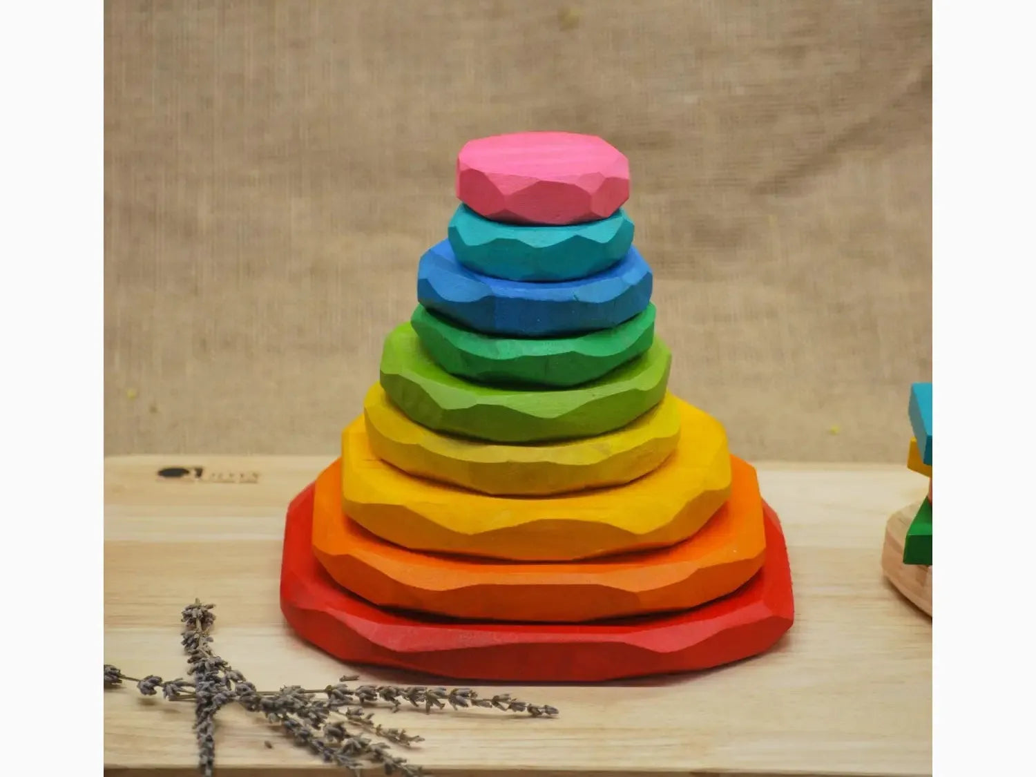 Colorful wooden stacking toy.