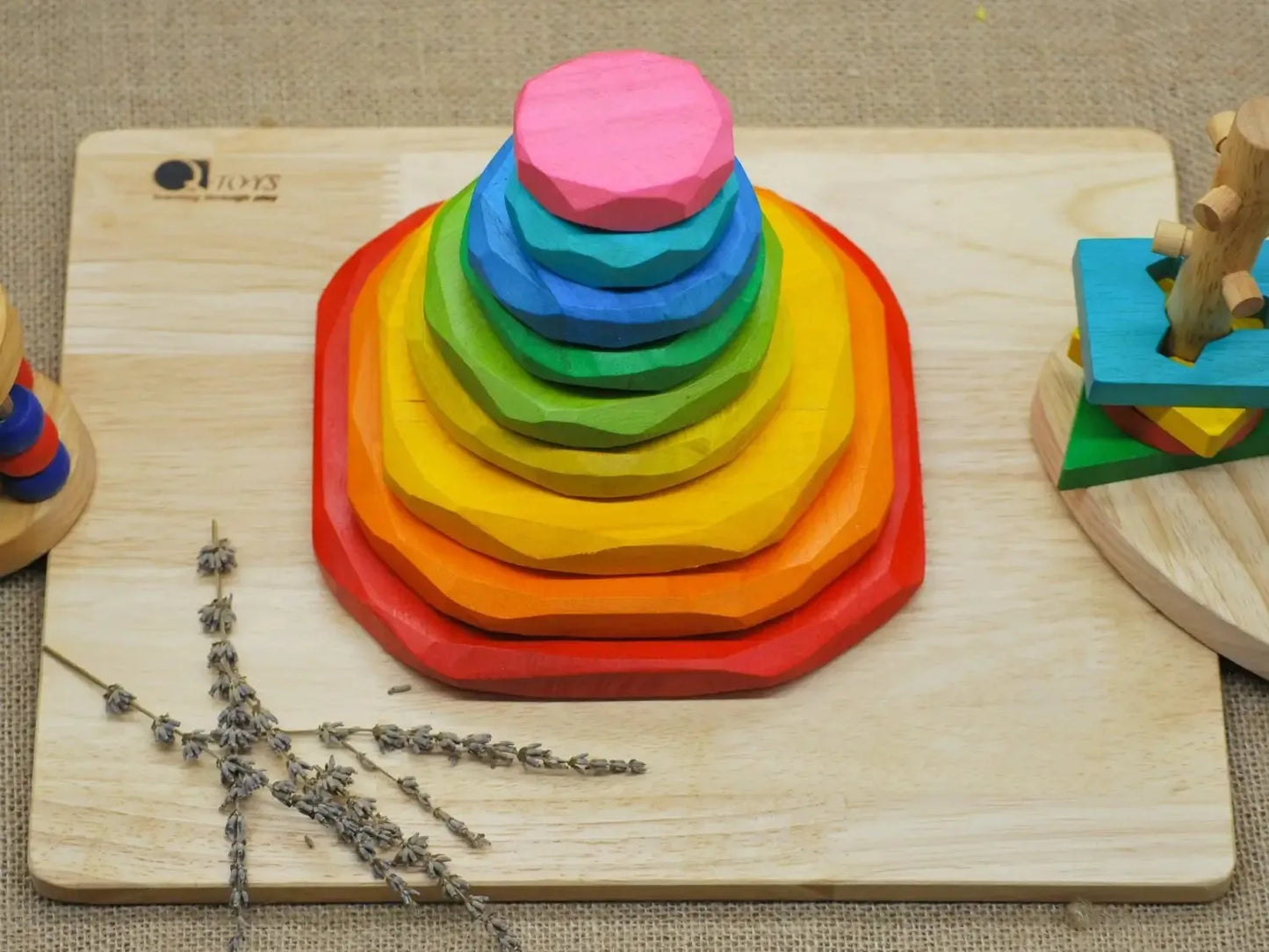 Colorful wooden stacking toy.