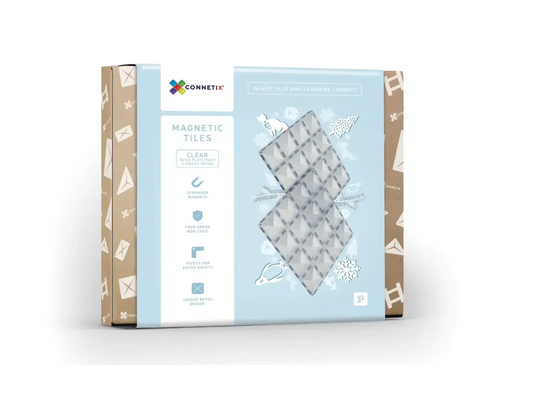 Packaged set of magnetic tiles for construction or play, featuring a light blue and white box design.