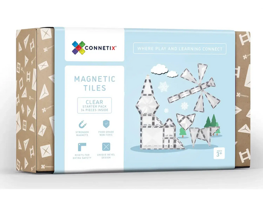 Box of Connetix magnetic tiles featuring a winter-themed design on the packaging.