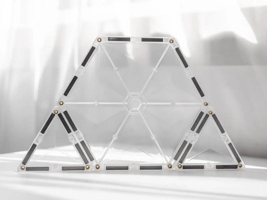 Triangular structure made of interconnected white rods and black segments.