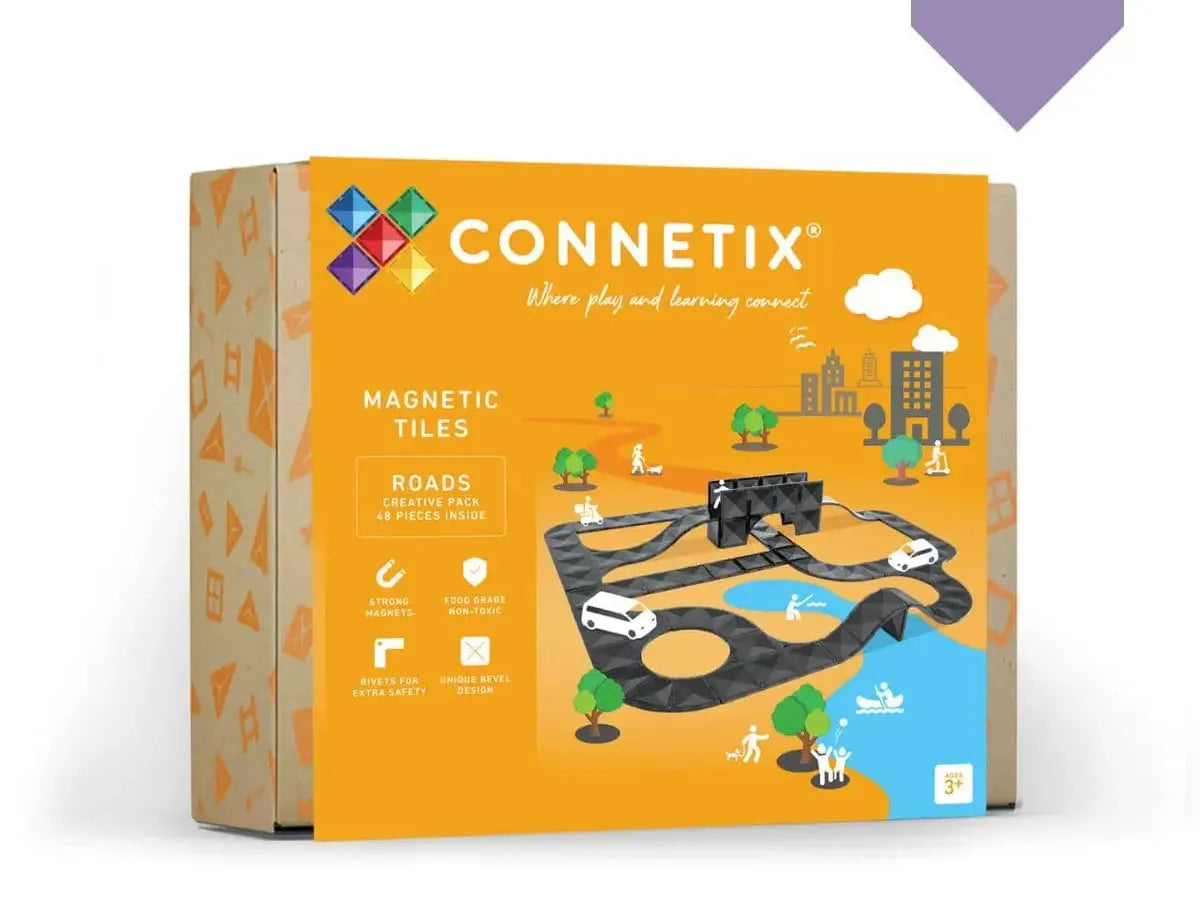 Product box for Connetix magnetic tiles featuring a road and city scene on the packaging.