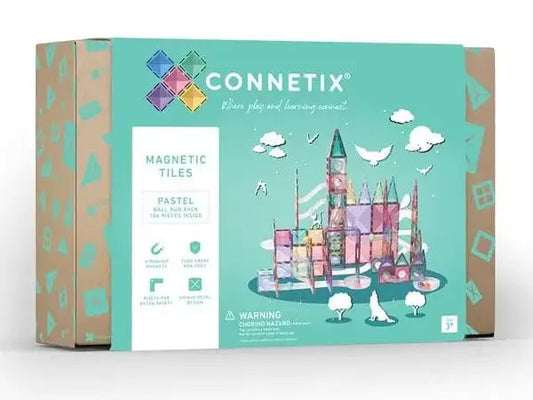 Box of Connetix magnetic tiles in pastel colors featuring a castle design on the packaging.