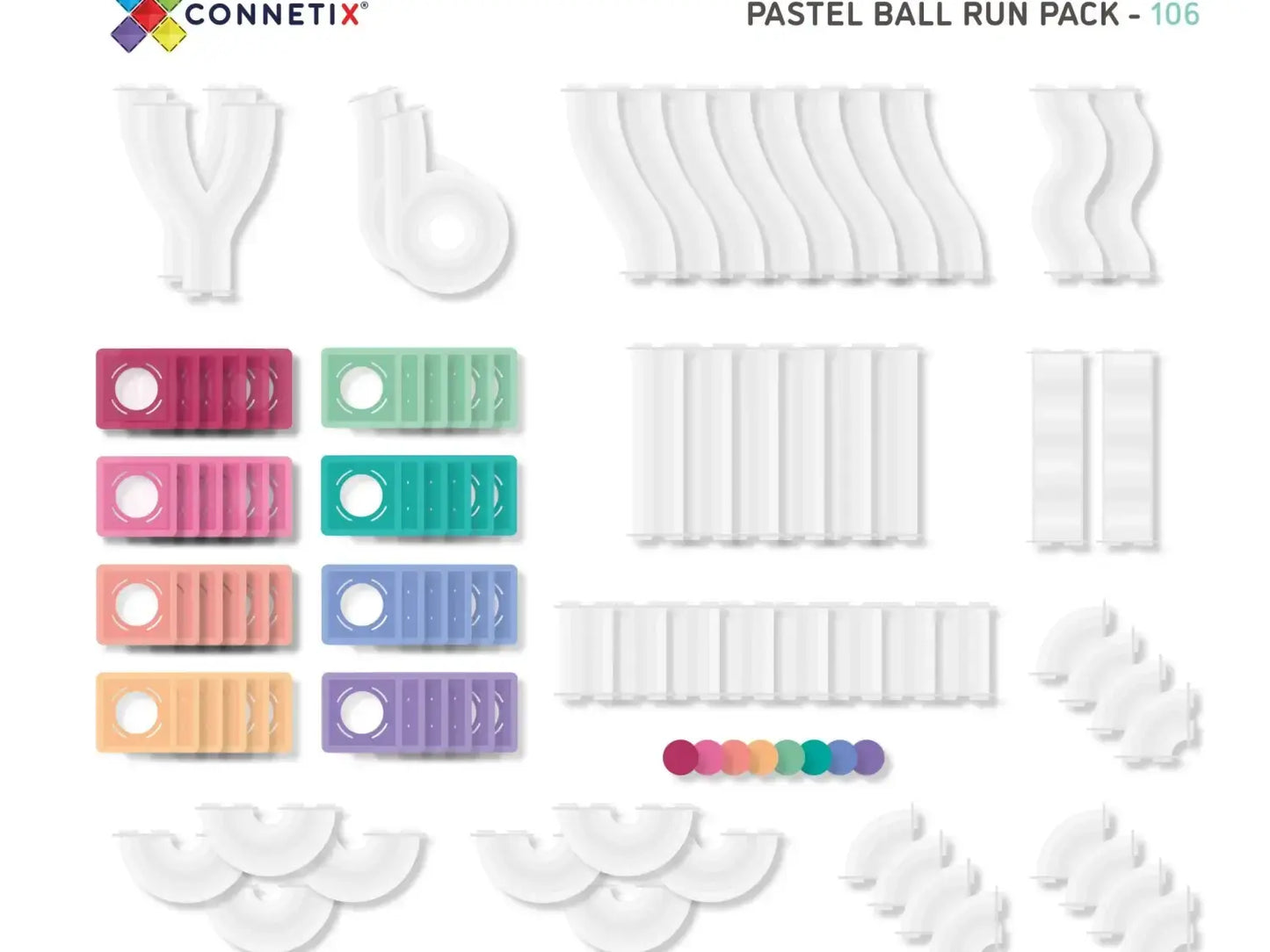 Assortment of pastel-colored and white plastic connectors and building pieces from a ball run pack.