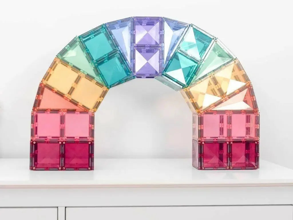 Colorful arch-shaped structure made of translucent plastic or magnetic tiles.