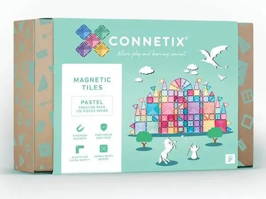 Box of Connetix magnetic tiles in pastel colors featuring a castle design with animals.