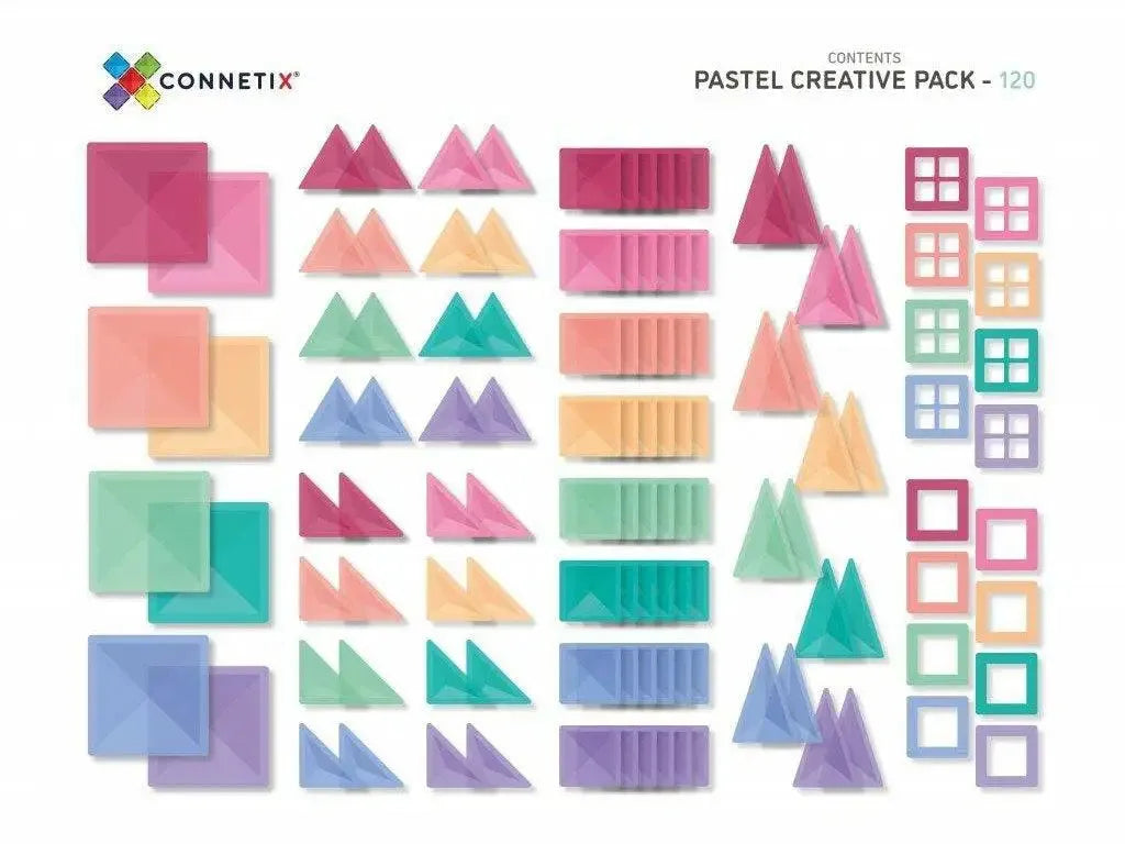 Pastel-colored geometric shapes arranged in rows, including squares, triangles, and rectangles.