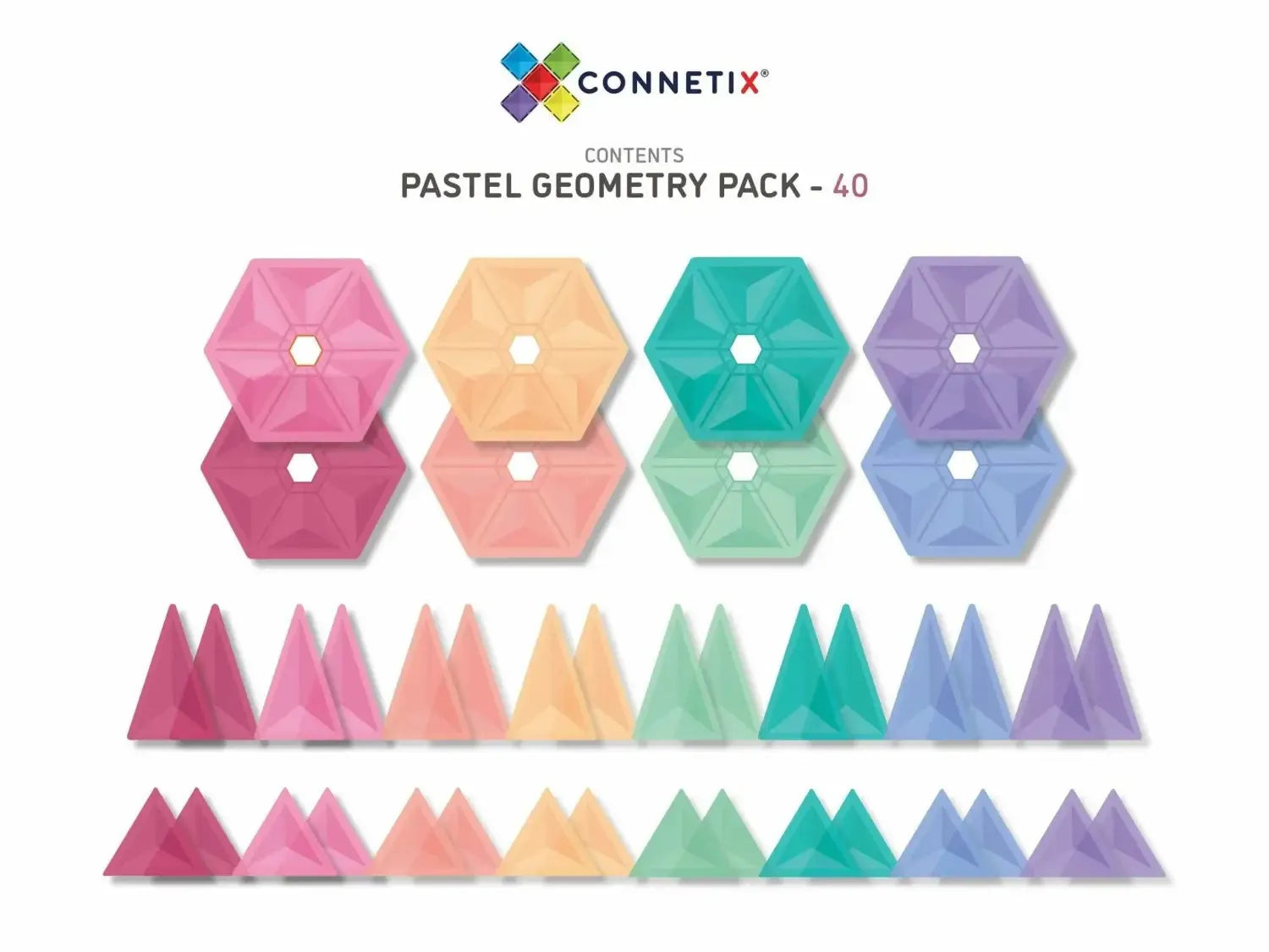 Pastel-colored geometric shapes including hexagons and triangles arranged in rows.