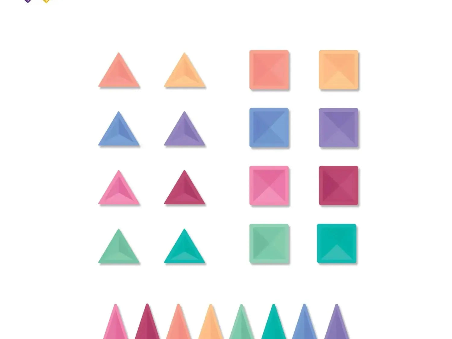 Set of colorful pastel geometric shapes including triangles and squares in various soft hues.