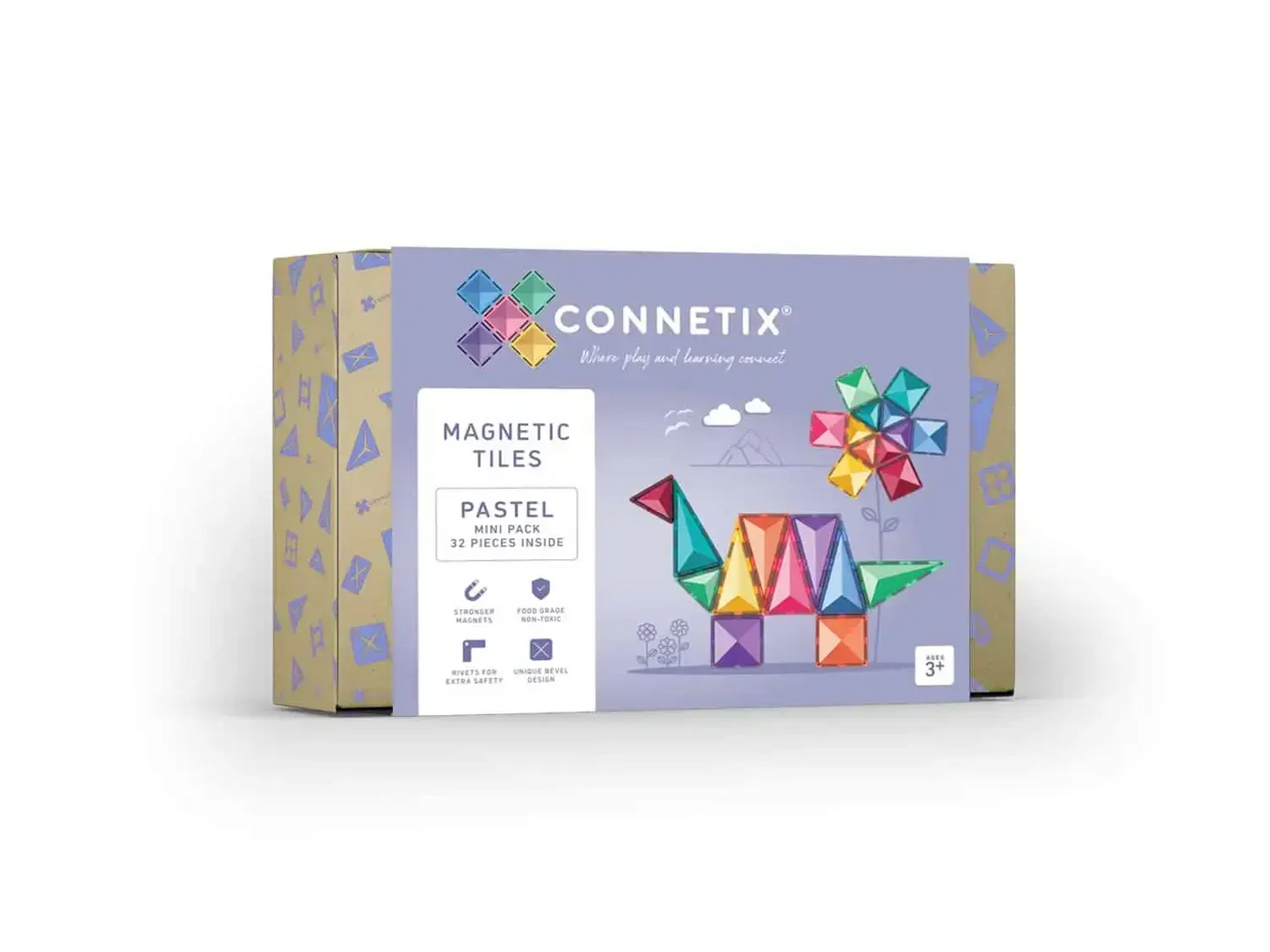 Box of Connetix magnetic tiles in pastel colors featuring a dinosaur design on the packaging.