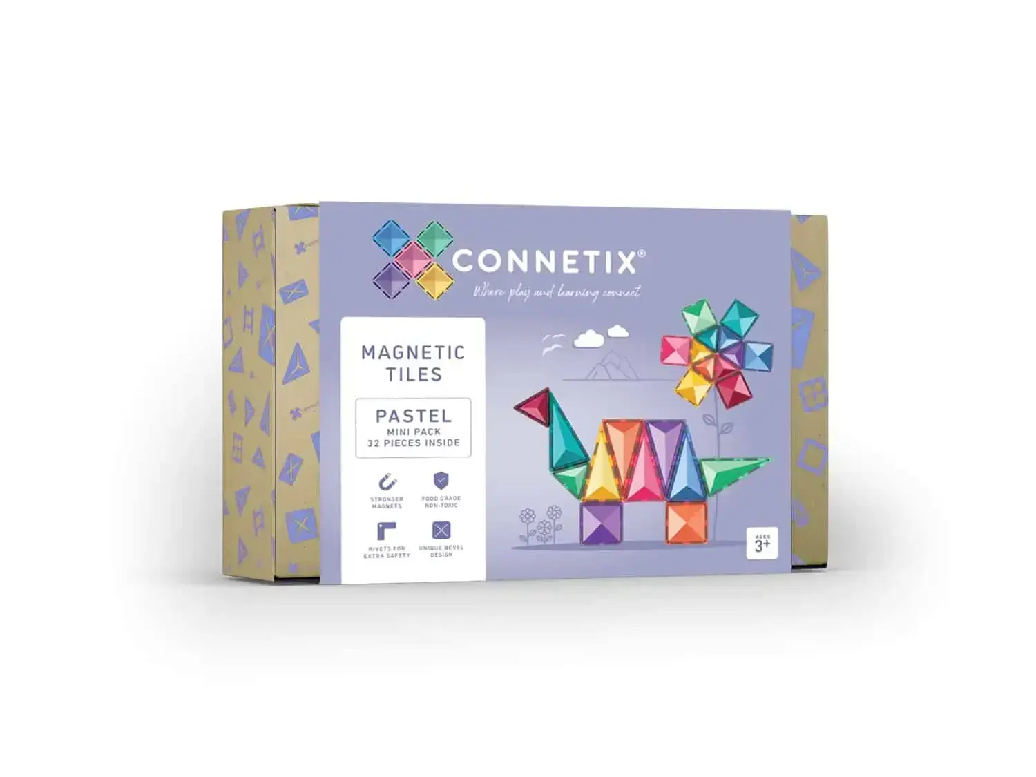 Box of Connetix magnetic tiles in pastel colors featuring a dinosaur design on the packaging.