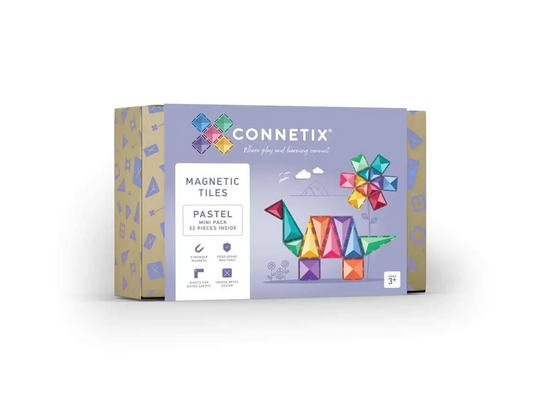 Box of Connetix magnetic tiles in pastel colors featuring a dinosaur design on the packaging.
