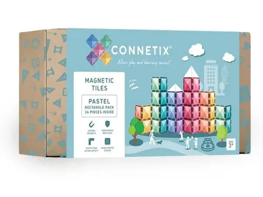 Colorful magnetic tile building set called ’Connetix’ in pastel colors.